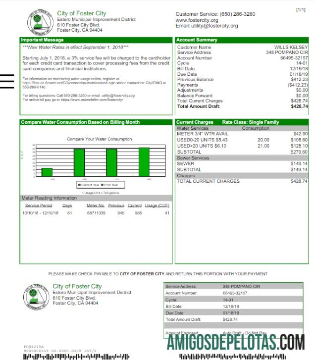 Em branco CIDADE DOS EUA DE FOSTER CITY Conta De Serviços Públicos Word E Modelo PDF